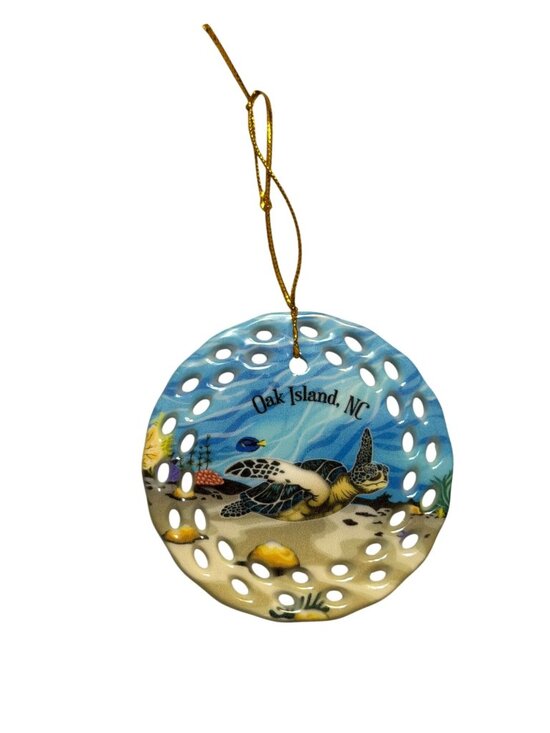 Other - Sea Turtle Ceramic Ornament Oak Island NC Cord Christmas Double Sided 3" NWOT